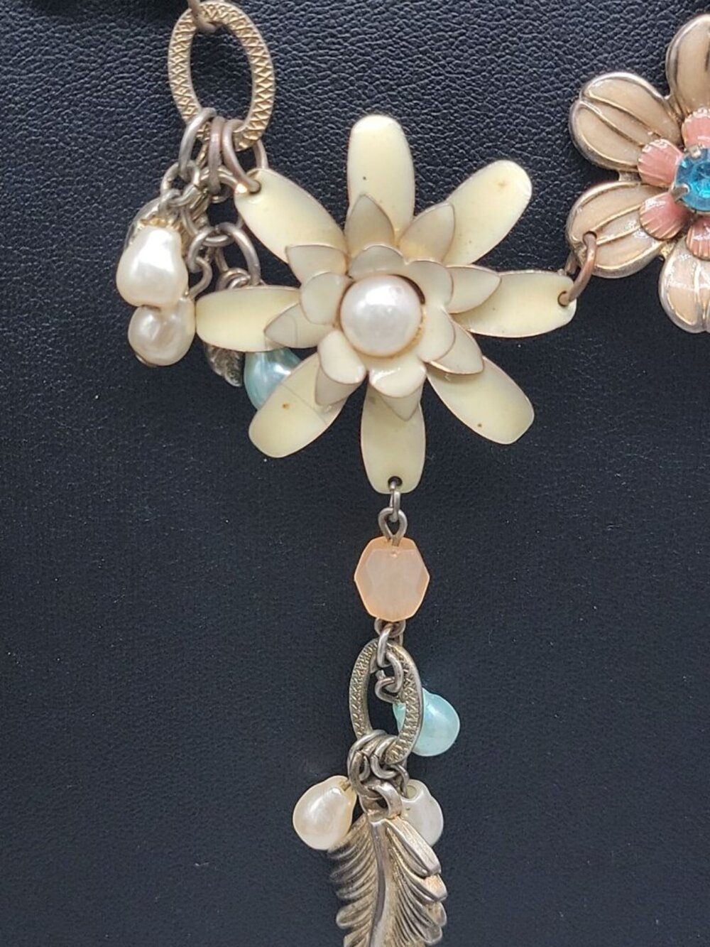 Vintage Plunder Dangling Flower Necklace Multicolor Rhinestones Silver Tone 20" - Picture 5 of 16